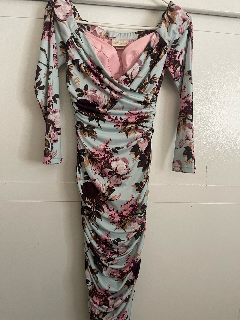 Pinup Couture Light Blue and Pink Floral Ruched Midi Dress